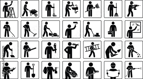 Set of worker service icons including cleaning, gardening, plumbing, construction, maintenance and janitorial tasks, black pictogram collection isolated on white background