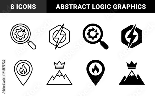 Hybrid Conceptual Symbols Featuring Magnifying Glass with Progress Gear Lightning Bolt in Hexagon Fire Location Pin Mountain Peak with Crown and Keyhole Funnel