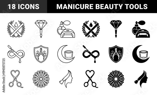Hybrid nail care and professional manicure symbols merging beauty tools with organic floral elements and geometric diamond shapes in dual outline and solid styles