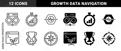 Hybrid abstract linear and solid symbols merging concepts like server infinity loops growth terminal plant and compass trophy victory navigation