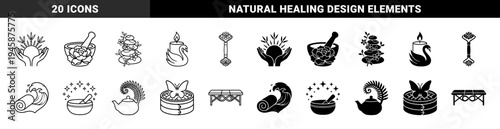 Zen Wellness and Holistic Spa Symbols Combining Natural Elements with Therapeutic Tools in Minimalist Linear and Solid Monochrome Graphic Style