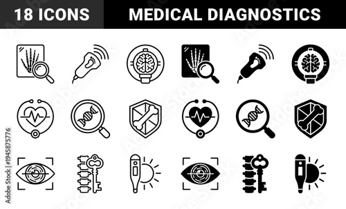 Medical Diagnostic Hybrid Icon Set Featuring Bone Shield Protection DNA Analysis Magnifier Heartbeat Stethoscope and Spinal Key Solutions