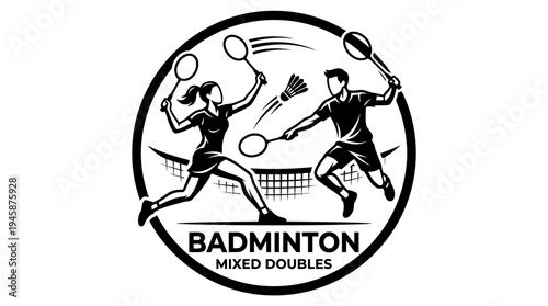 A black and white logo of a badminton club with male and female players