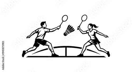 A black and white logo of a badminton club with male and female players