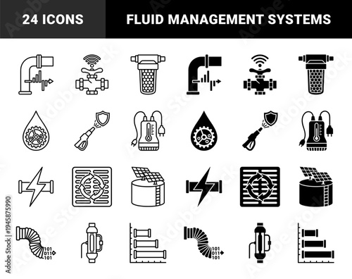 Industrial Fluid Management and Smart Utility Hybrid Icons Featuring Water Pipe Data Analytics Solar Storage and Filtration Systems