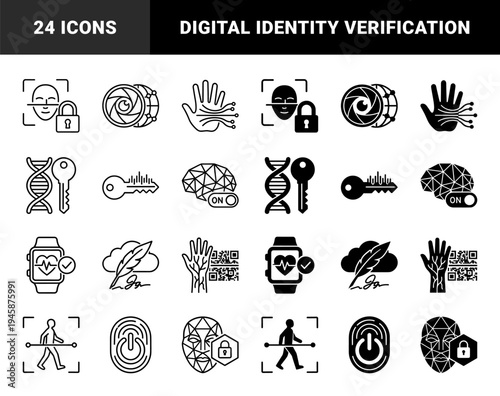 Biometric Authentication Icon Set Featuring Hybrid Symbols Merging Human Anatomy with Digital Security Locks DNA Keys and Identity Scanning Data