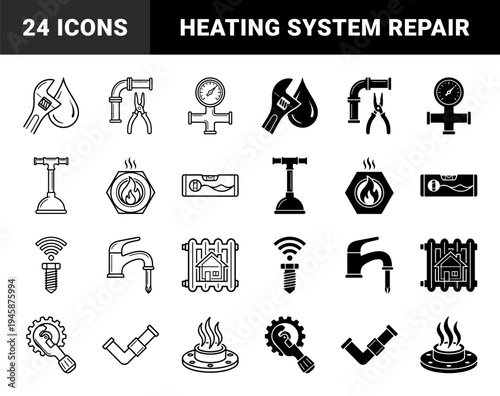 Plumbing and Heating System Maintenance Icons Featuring Hybrid Symbols of Pipe Tools Faucets Radiators and Pressure Gauges in Outline and Solid Styles