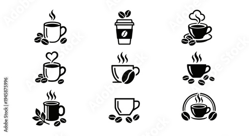 A collection of coffee icons and logos on a white background