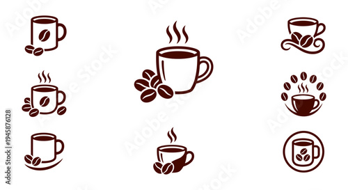 A collection of coffee cup icons with steam and beans