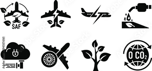 Sustainable Aviation Icons Set, SAF Biofuel, Electric Airplane, and Net Zero CO2 Emission Vector Icons for Green Aerospace, Eco-Friendly Flight, and Carbon Neutral Travel Industry