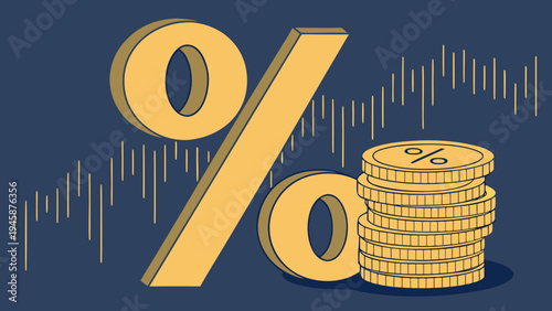 A vector graphic illustration of a percentage sign and a stack of coins with a financial graph in the background