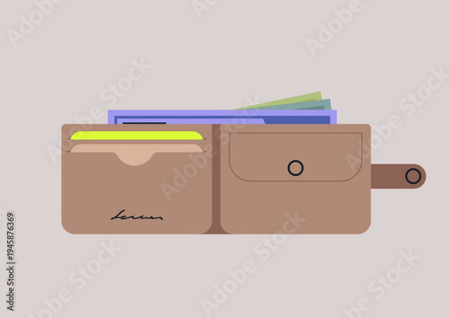  Multicolored cash and neatly arranged cards fill an elegant leather wallet,  designed with practicality and fashion in mind, set against a neutral pastel backdrop