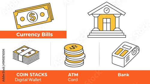 A vector graphic illustration of various financial icons including currency bills, coin stacks, ATM card, and bank building