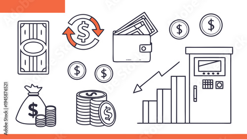 A vector graphic illustration of various financial icons and symbols, including money, coins, and a bar graph, representing business and finance concepts.