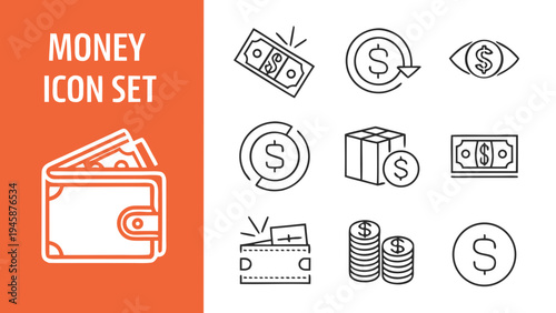 A set of vector icons representing various money and finance symbols