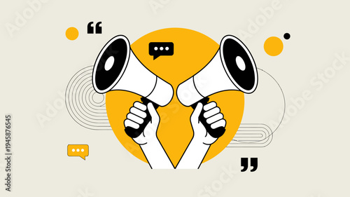 Two black megaphones are held by hands against a vibrant yellow circular background accompanied by speech bubbles high quality professional detailed modern elegant stylish clean crisp