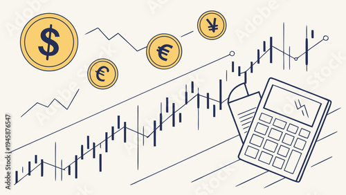 A vector graphic illustration of a financial chart with a calculator and currency symbols