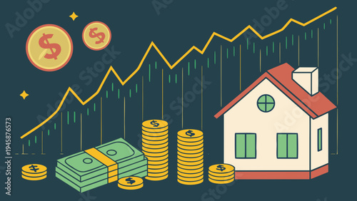 A vector graphic illustration of a house with stacks of money and a growing graph in the background, symbolizing increasing property value and financial growth.