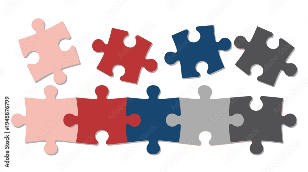 Naklejka premium A collection of interlocking puzzle pieces in various shades of red blue gray and pink are scattered across a white background high quality professional detailed modern