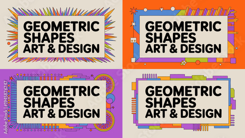 A vibrant composition of four panels displaying geometric shapes art design with colorful abstract geometric patterns surrounding the text high quality professional detailed modern elegant stylish