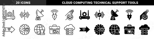 Hybrid network connectivity icons featuring router gear combinations satellite dish ethernet ports and cloud server data management symbols in dual styles