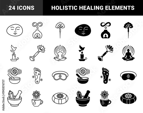 Spiritual Wellness Hybrid Symbols Combining Lotus Flowers With Meditation Figures and Healing Crystals In Outline and Solid Styles