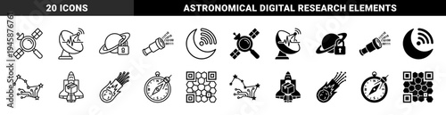 Space exploration and digital data hybrid symbols featuring satellite magnifying glass telescope binary code and constellation circuit board designs