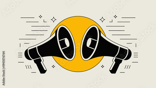 A minimalist illustration depicts two black megaphones facing each other positioned before a bright yellow circular background high quality professional detailed modern elegant stylish clean crisp