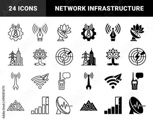 Hybrid communication and infrastructure icons merging signal towers with gears and satellite dishes with nature and industrial elements in dual styles