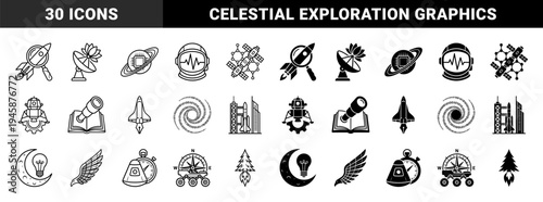 Abstract aerospace hybrid symbols merging celestial bodies with exploration technology using linear and solid black graphic silhouettes