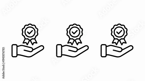 Three black and white line art illustrations show open hands presenting circular award ribbons with checkmarks inside high quality professional detailed modern elegant stylish clean crisp