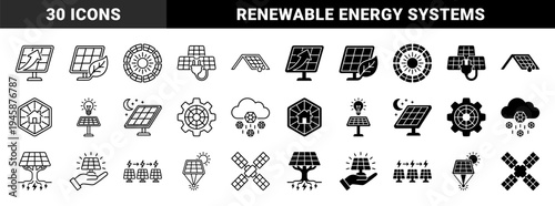 Solar energy hybrid icons featuring photovoltaic panels merged with environmental symbols like leaves trees and weather elements in outline and glyph styles