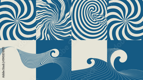 A geometric composition displays swirling patterns and wave like forms in shades of blue and white creating an abstract aesthetic high quality professional detailed modern elegant