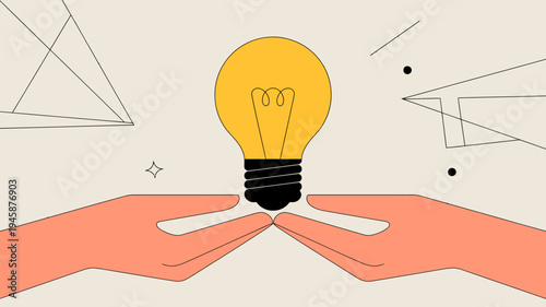 A bright yellow lightbulb is carefully held within two cupped hands symbolizing innovation and the nurturing of new ideas high quality professional detailed modern elegant stylish