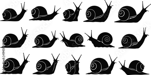 Fifteen black snail silhouettes, diverse shell spiral patterns, artistic vector illustration, creative animal design, unique antenna positions, biological inspiration, decorative graphic collection