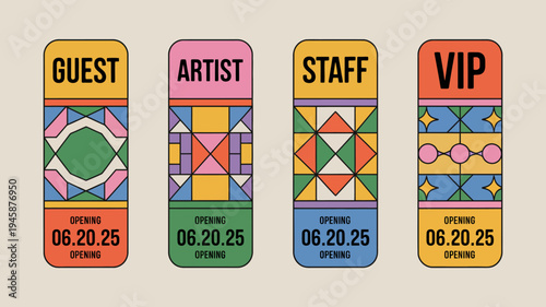 Four colorful badges are displayed labeled guest artist staff and vip signifying access levels for an event opening high quality professional detailed modern elegant stylish clean