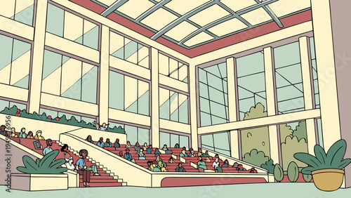 A large atrium with people sitting on red tiered seating and surrounded by glass walls and plants