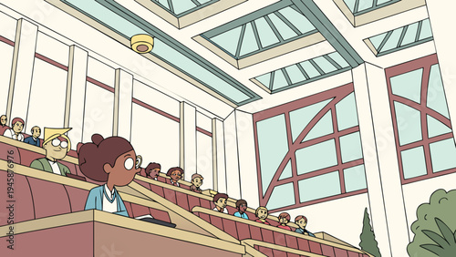 A cartoon illustration of a diverse group of people sitting in a large lecture hall with a high ceiling and large windows.