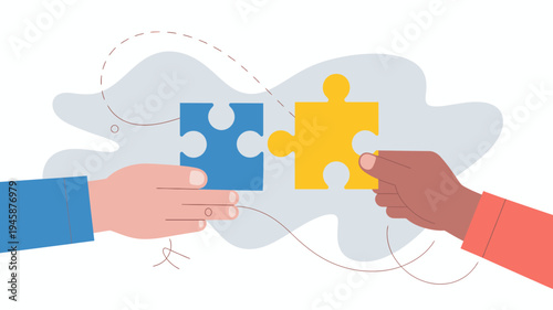 Two hands connect puzzle pieces one blue and one yellow against a light gray cloud like backdrop symbolizing collaboration high quality professional detailed modern elegant stylish