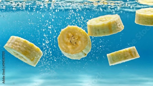 Banana slices submerged in water fresh food visuals and refreshment concept