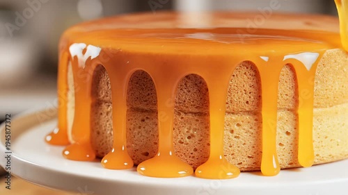 Cake with caramel sauce dripping down on white plate