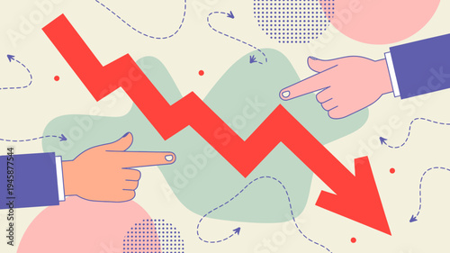 A visual representation of economic decline is shown with hands pointing to a sharply decreasing red line on a colorful background high quality professional detailed modern