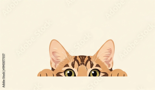 A curious tabby cat peeking over an edge with a beige background.