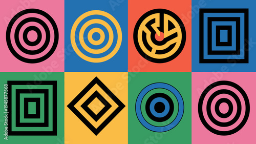 A vibrant grid displays nine colorful geometric shapes including circles squares and diamonds with varying concentric designs high quality professional detailed modern elegant stylish clean crisp