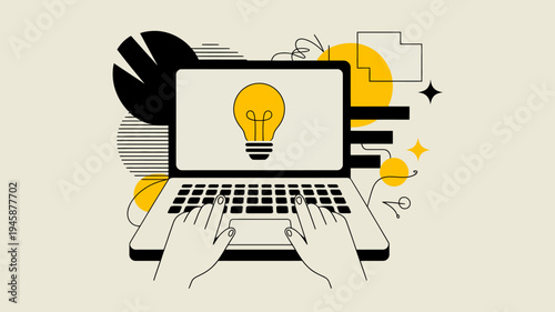 An illustration depicts a laptop with a glowing lightbulb on the screen symbolizing innovative ideas and digital creativity high quality professional detailed modern elegant stylish clean