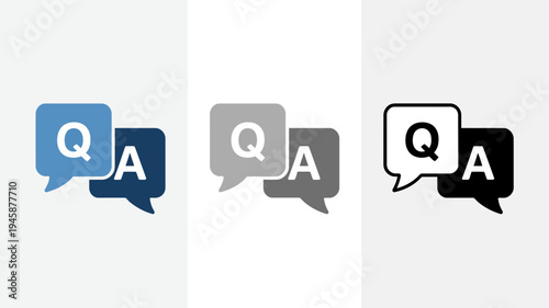 Three variations of a speech bubble icon displaying the letters qa representing question and answer interactions in different color schemes high quality professional detailed modern elegant