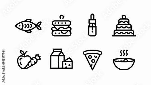 A collection of simple black line icons depicts various food and beverage items including fish cake and pizza high quality professional detailed modern elegant stylish clean
