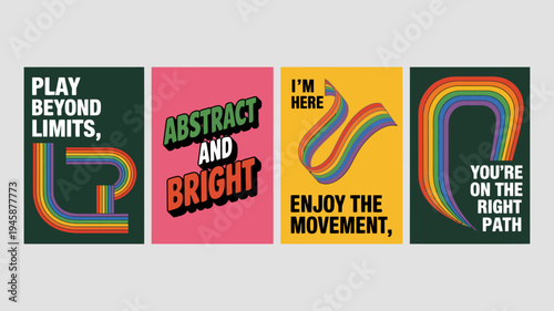 A vibrant set of four rectangular posters features bold text and colorful retro inspired graphic designs promoting positivity and self expression high quality professional detailed modern