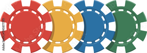 Set of four colorful casino poker chips in red, yellow, blue, and green, arranged horizontally on white background