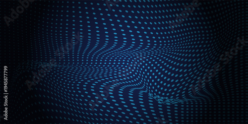 Futuristic dot wave. Abstract digital particle wave. Technology background. Colored musical wave. Dark background. Digital background with smooth, wavy curves. 3D vector illustration